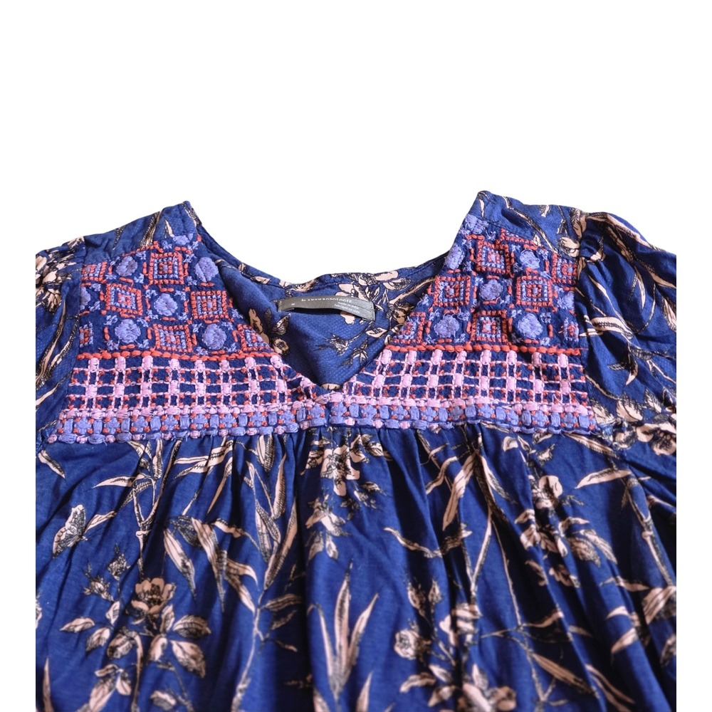 Anthropologie Floral Embroidered Peasant Blouse Navy Blue Size M Long Sleeve - Picture 3 of 6
